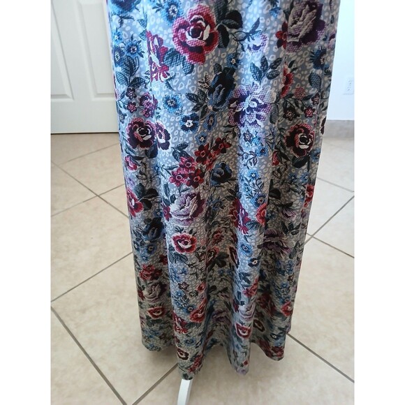 Robert Louis Maxi Skirt M Gray Red Blue Roses Cottage Fairy Whimsical Pastoral - Picture 7 of 14